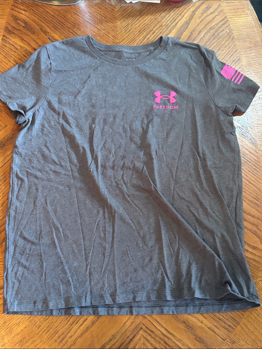 Under Armour Dark Gray Tee with Pink Logo and Sleeve Flag